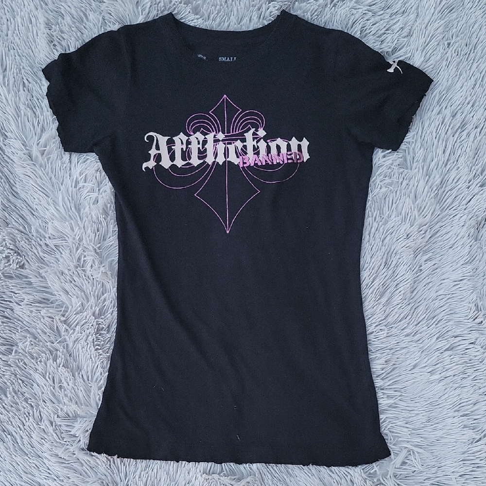 Vintage Affliction Pink Foil Highlights on Black Fitted Graphic Short Sleeve